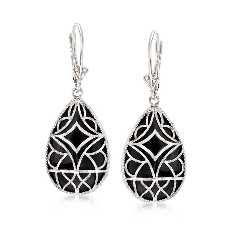 Teardrop onyx drop earrings in sterling silver with filigree lattice, leverback