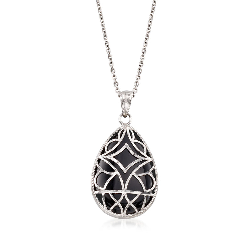 Black onyx teardrop pendant necklace with sterling silver overlay, cable chain