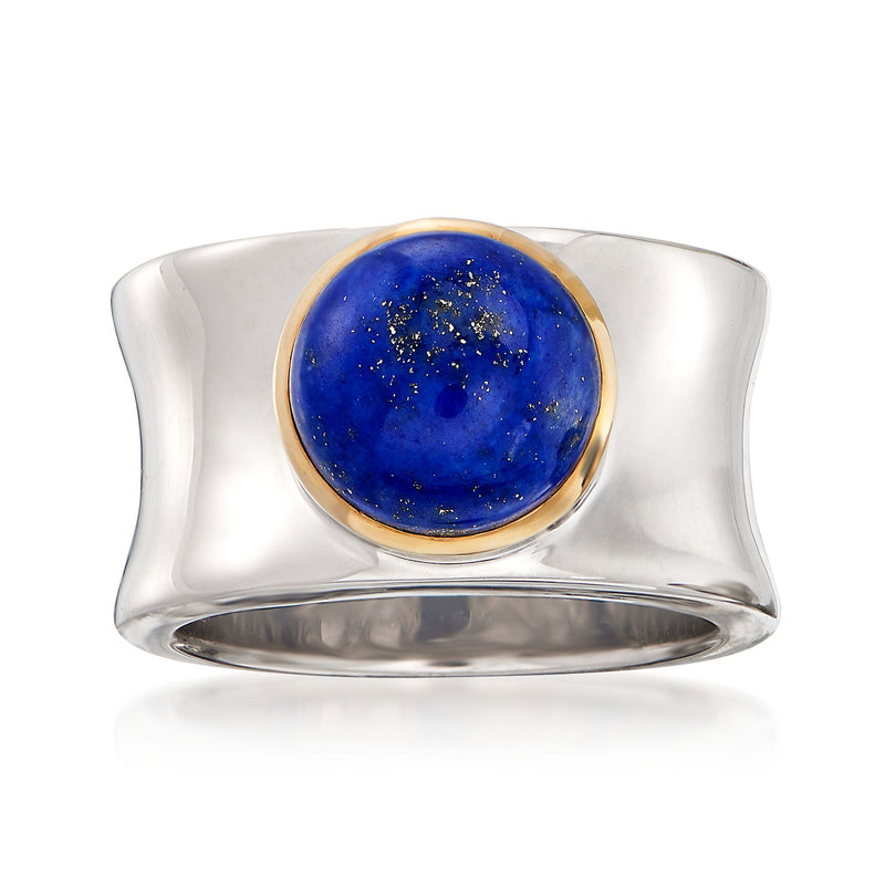 Sterling silver lapis cabochon ring with 14kt yellow gold bezel and round blue stone
