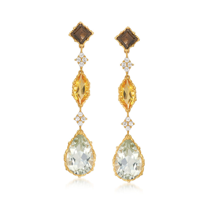 Multi-stone drop earrings in yellow gold tone with smoky top and clear teardrop dangles
