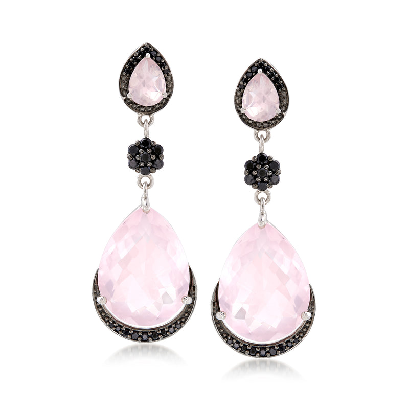 Sterling silver drop earrings with pink faceted teardrop gemstones and black spinel clusters