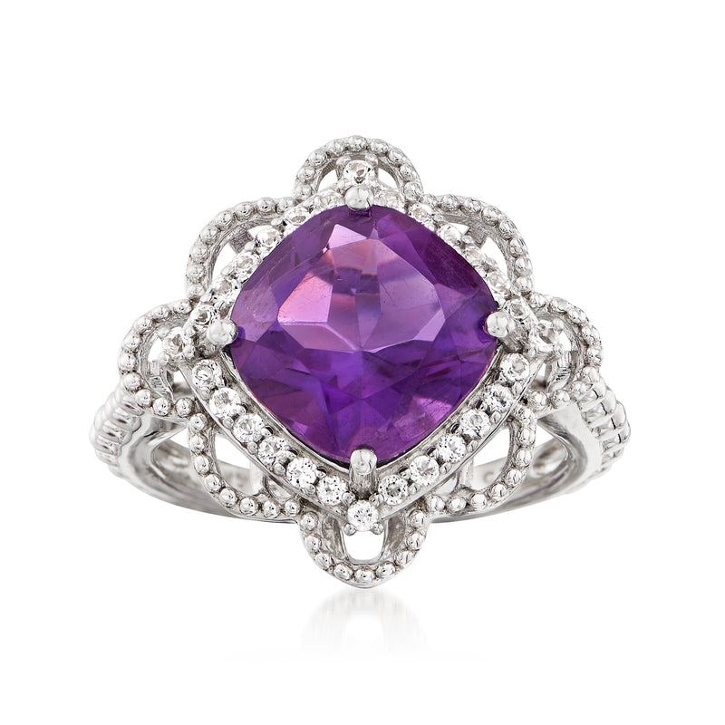 Sterling silver ring with heart-shaped amethyst and white topaz halo