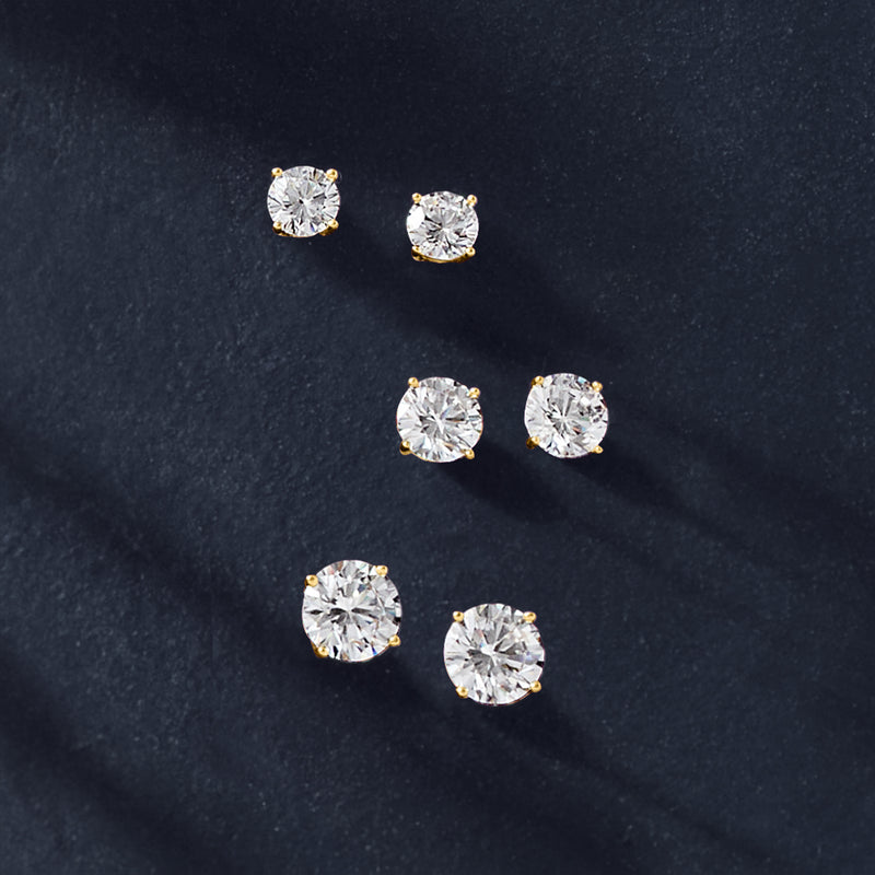 CZ stud earrings set showing six round clear stones with silver-tone settings