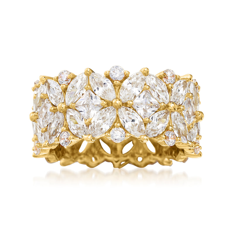 Gold-tone CZ eternity band ring with multi-cut floral stones, scalloped setting