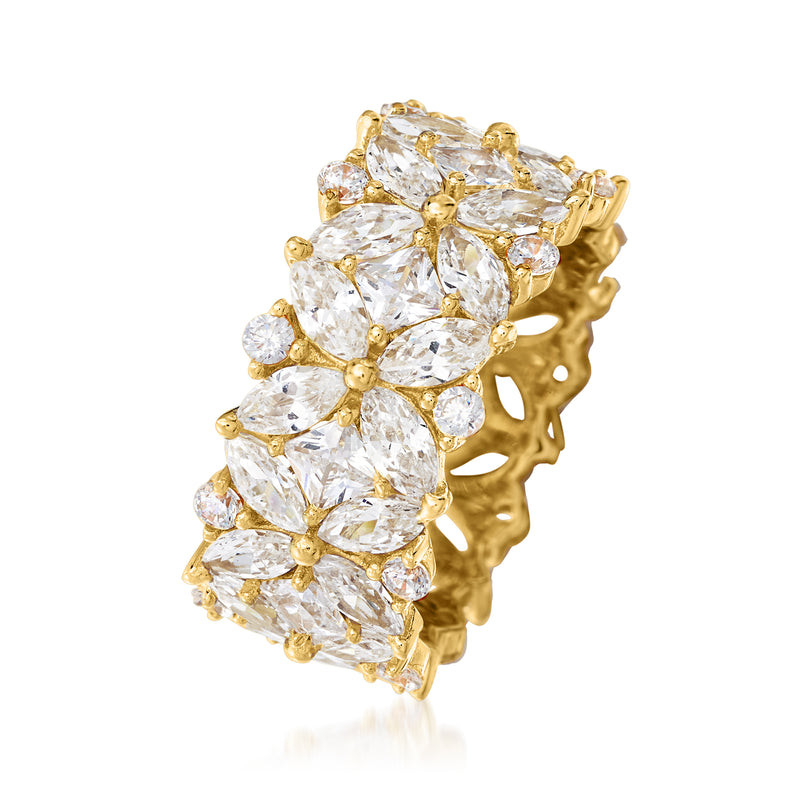 Gold-tone CZ eternity band ring with marquise and round-cut stones, side view