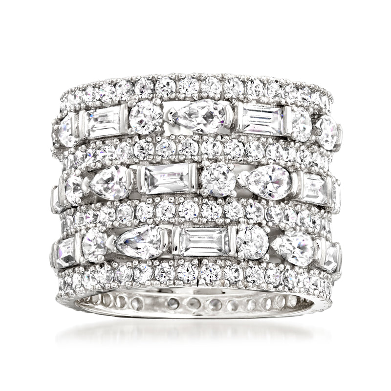 Sterling silver eternity band with multi-row clear CZ stones in mixed shapes