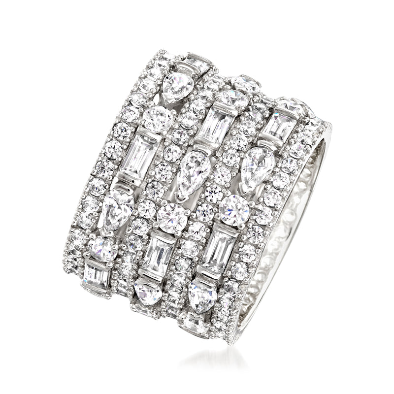 Wide sterling silver ring, multi-row clear baguette and round CZ stones