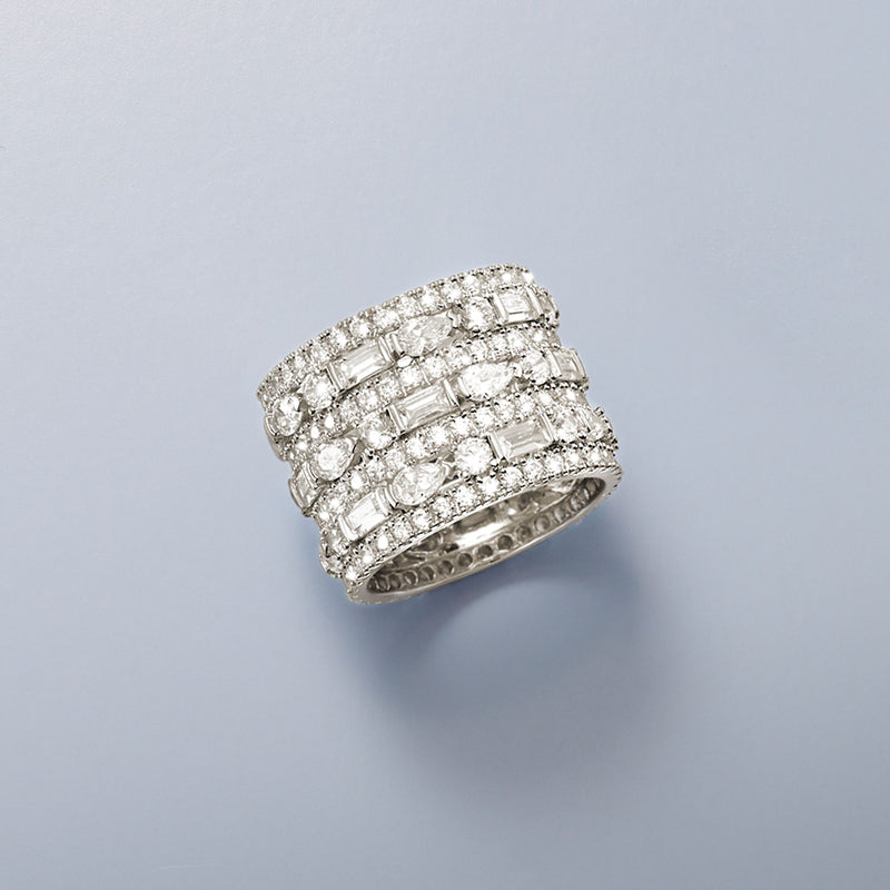 Sterling silver wide band with clear CZ clusters and baguette-style stone rows
