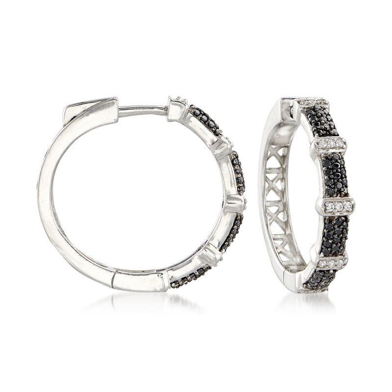 Sterling silver hoop earrings with black spinel and white zircon