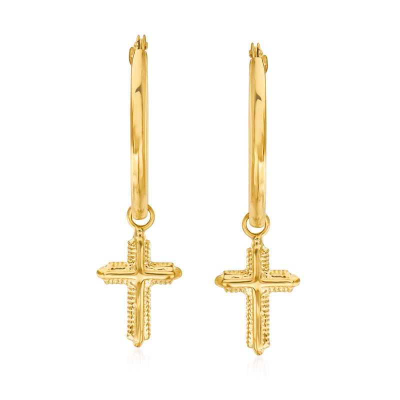 14kt yellow gold hoop drop earrings with beaded cross dangle charms
