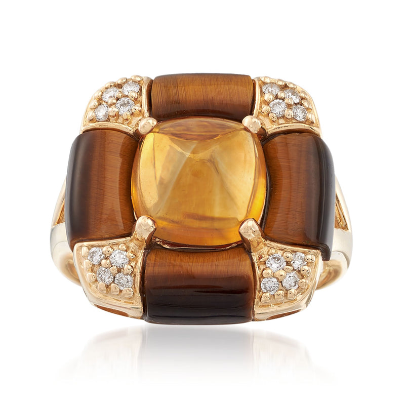 14kt yellow gold ring with cushion citrine center, tiger’s eye bands, diamond accents.