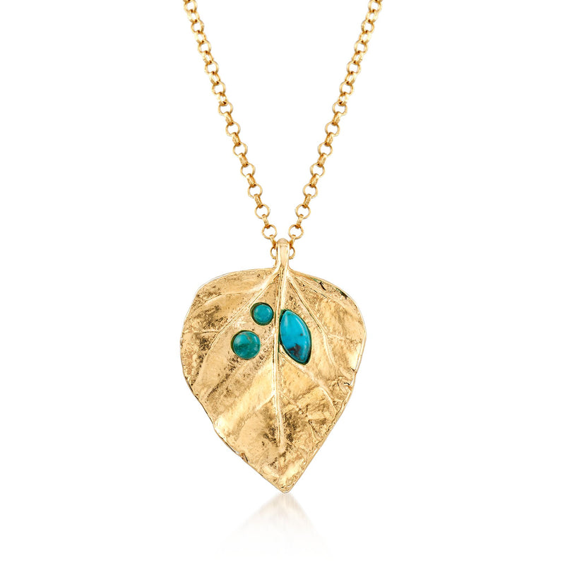 Turquoise and 18kt gold over sterling leaf pendant necklace with teardrop stones