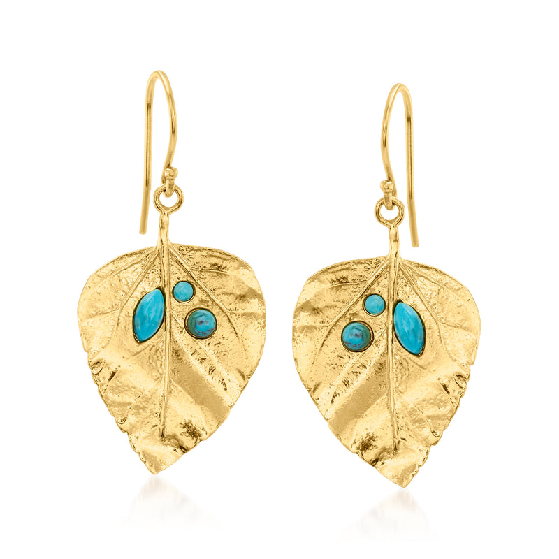 Gold leaf drop earrings with turquoise teardrop and round cabochons