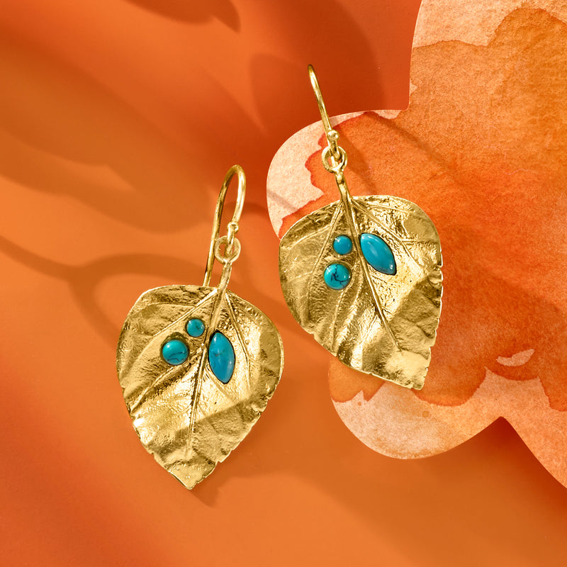 Gold leaf drop earrings with turquoise teardrop and small round stones