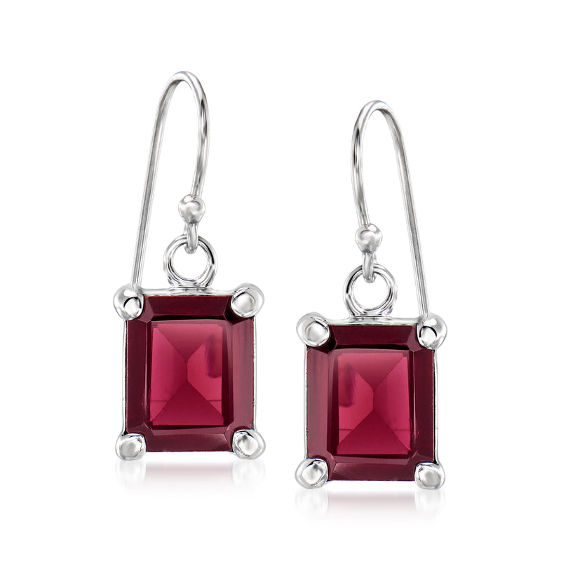 Sterling silver drop earrings with faceted dark red square gemstone