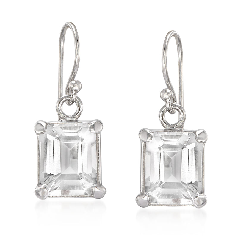 Sterling silver drop earrings with emerald-cut clear gemstone on earwire loops