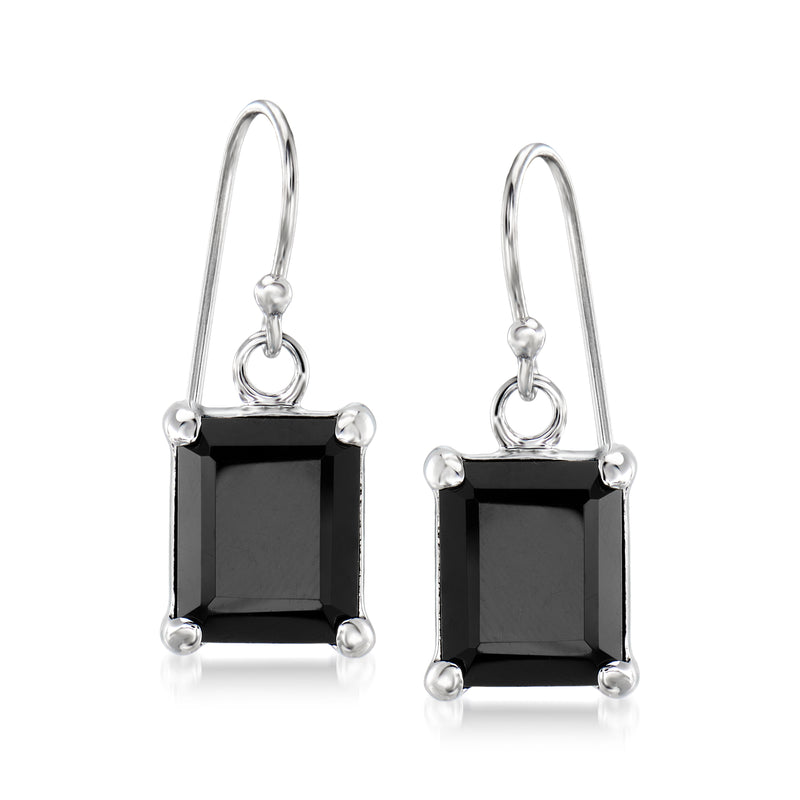 Sterling silver drop earrings with square black onyx, emerald-cut setting and earwire hooks