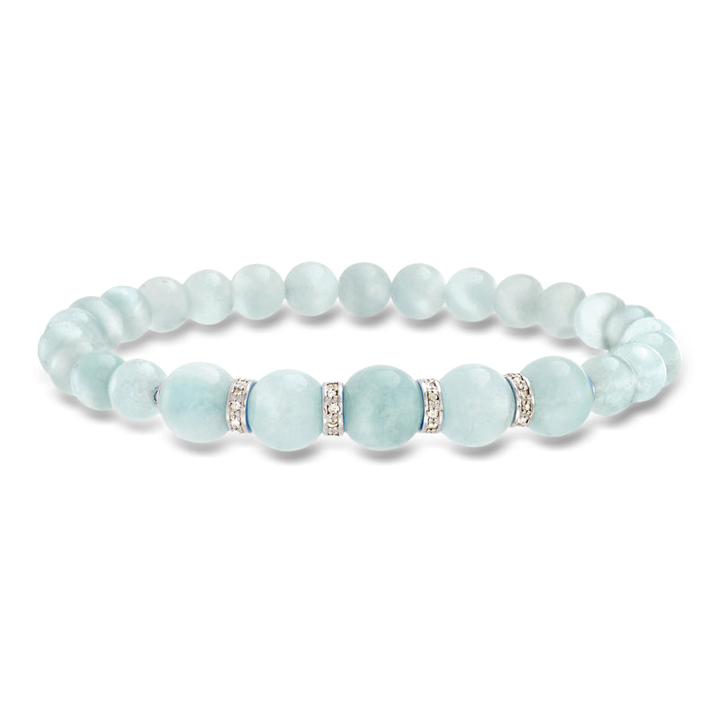 Aquamarine bead stretch bracelet with diamond stations, sterling silver
