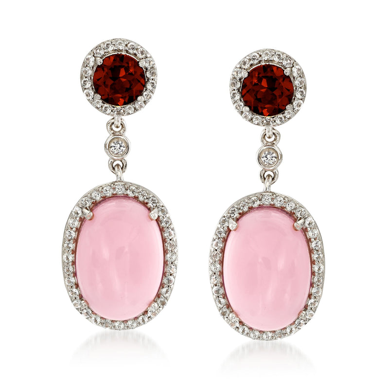 Sterling silver drop earrings with pink oval opal and red garnet halos, white stones