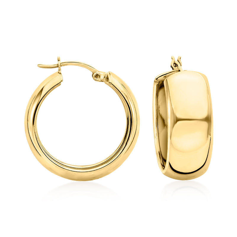 Wide gold hoop earrings with hinged clasp, polished 18kt over sterling finish