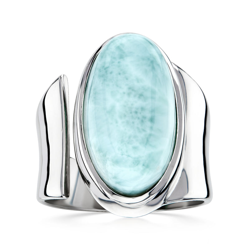 Sterling silver wrap ring with oval larimar cabochon bezel and open sides