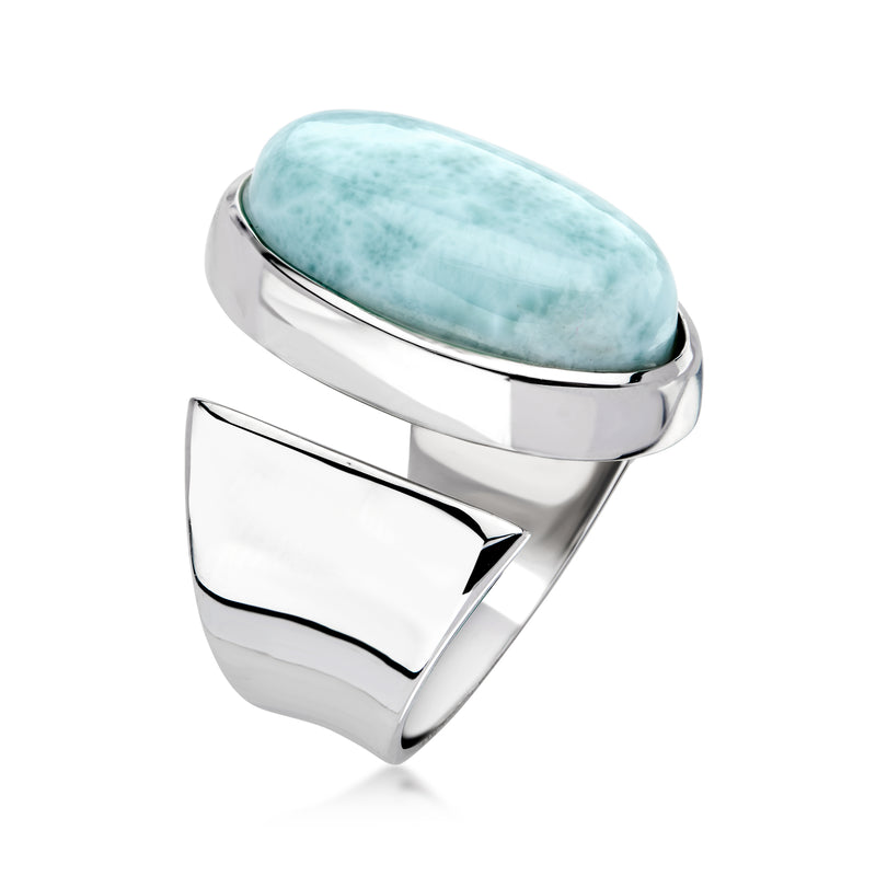 Sterling silver wrap ring with oval larimar cabochon and smooth polished band sides