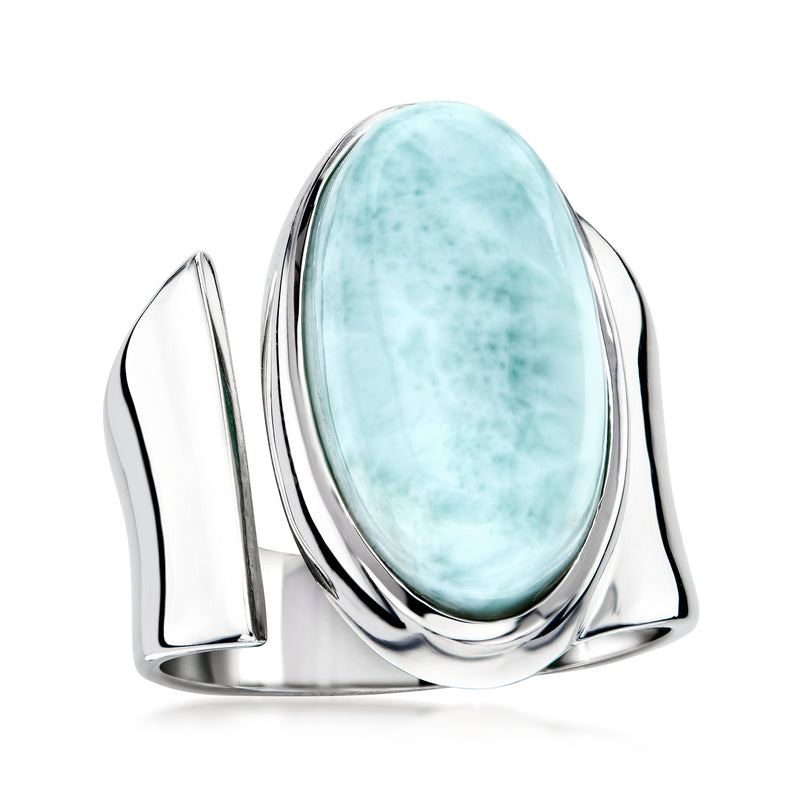Sterling silver oval larimar wrap ring with polished split shoulders