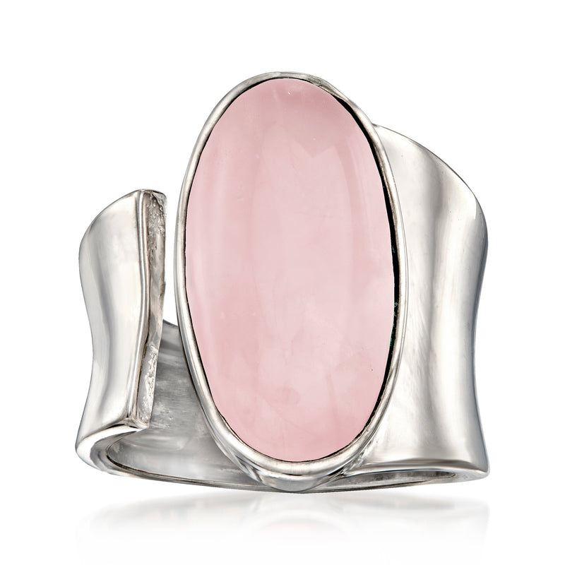 Sterling silver wrap ring with oval pale pink rose quartz gemstone, bezel-set.