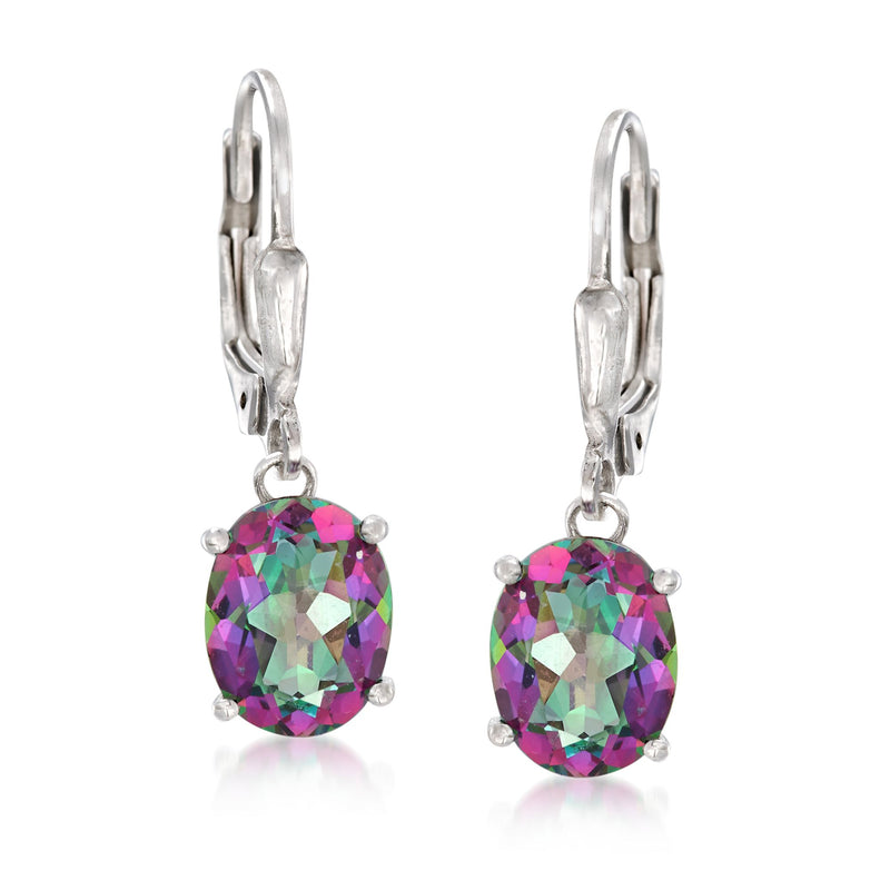 Sterling silver drop earrings with oval mystic topaz, multicolor leverback hooks