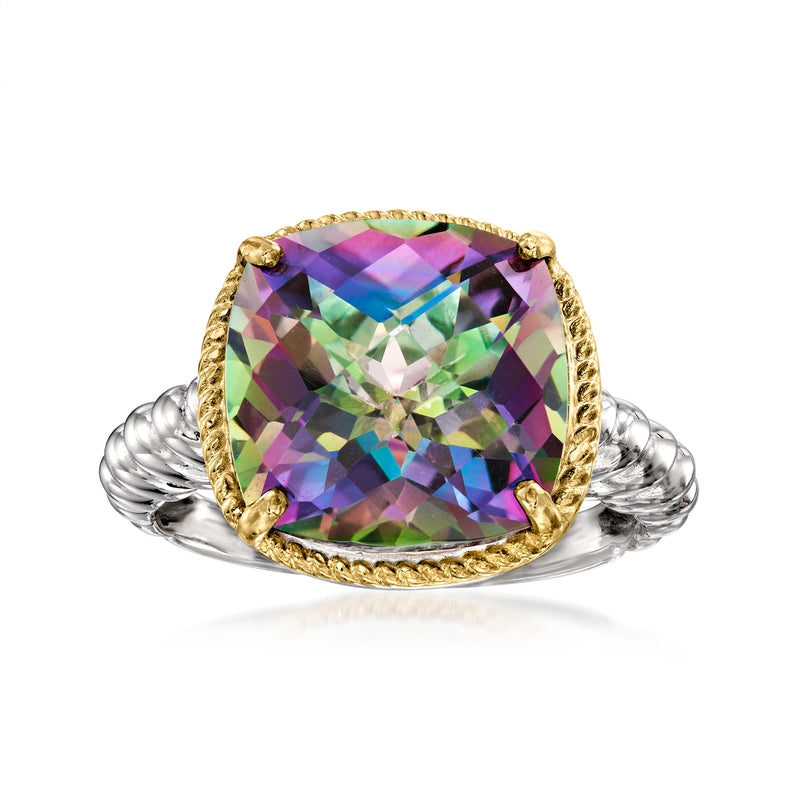 Sterling silver ring with large multicolor cushion-cut mystic quartz gemstone