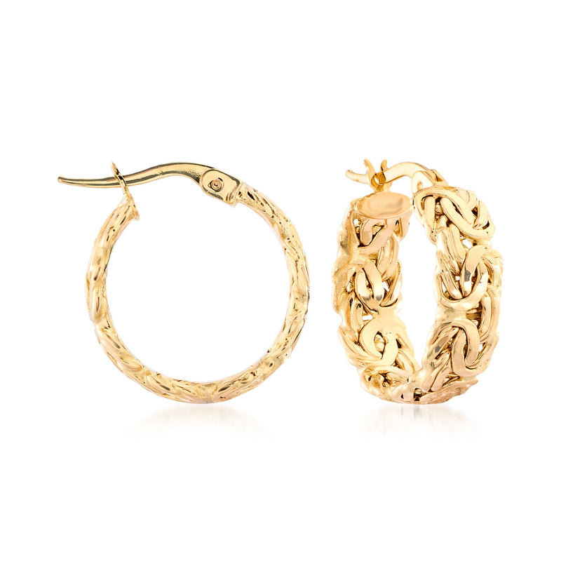 14kt yellow gold Byzantine hoop earrings with textured braided pattern