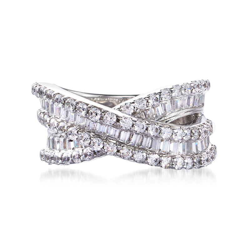 Sterling silver crisscross diamond ring with round and baguette stones