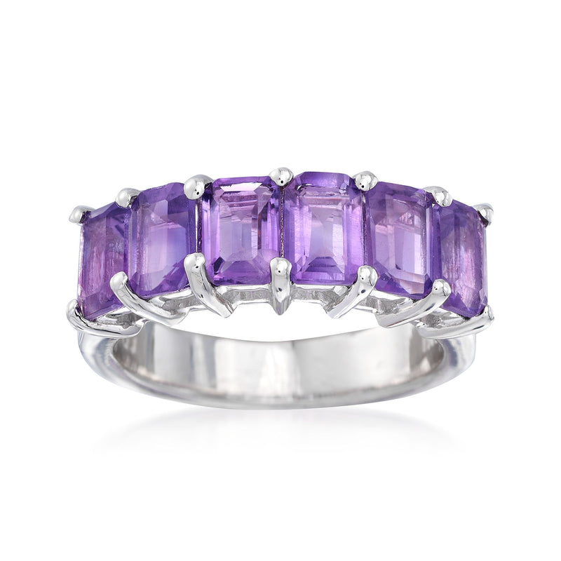 Sterling silver ring with rectangular purple amethyst gemstones