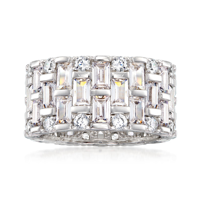 Sterling silver CZ eternity band with baguette and round stones, rectangular setting