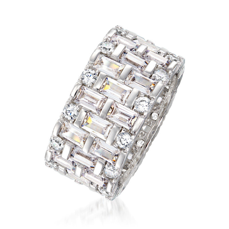 Sterling silver CZ eternity band, angled view with baguette and round stones