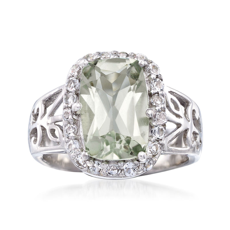 Sterling silver prasiolite oval ring with white topaz floral halo and openwork shoulders