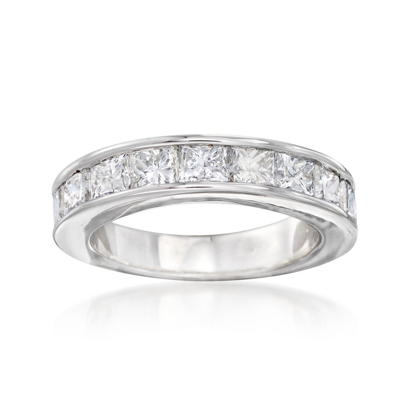 Channel-set diamond ring in 14kt white gold, domed band with rectangular stones
