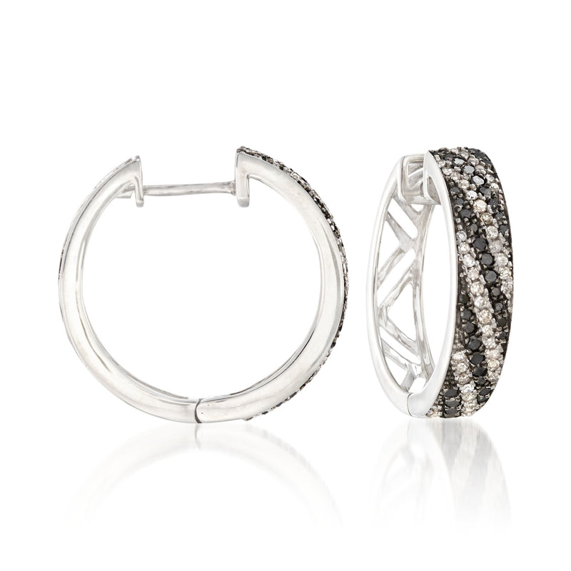 Sterling silver diamond striped hoop earrings with black and white stones
