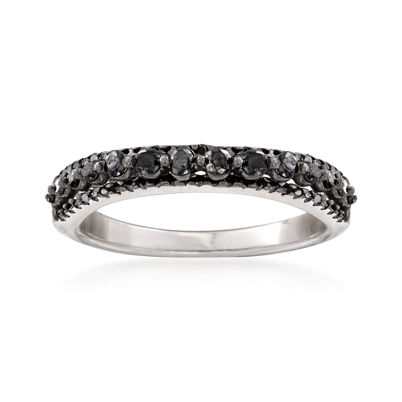 Three-row black diamond ring in sterling silver, slim band with pave stones