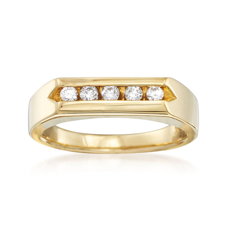 Men's 14kt yellow gold channel-set diamond ring with five round stones