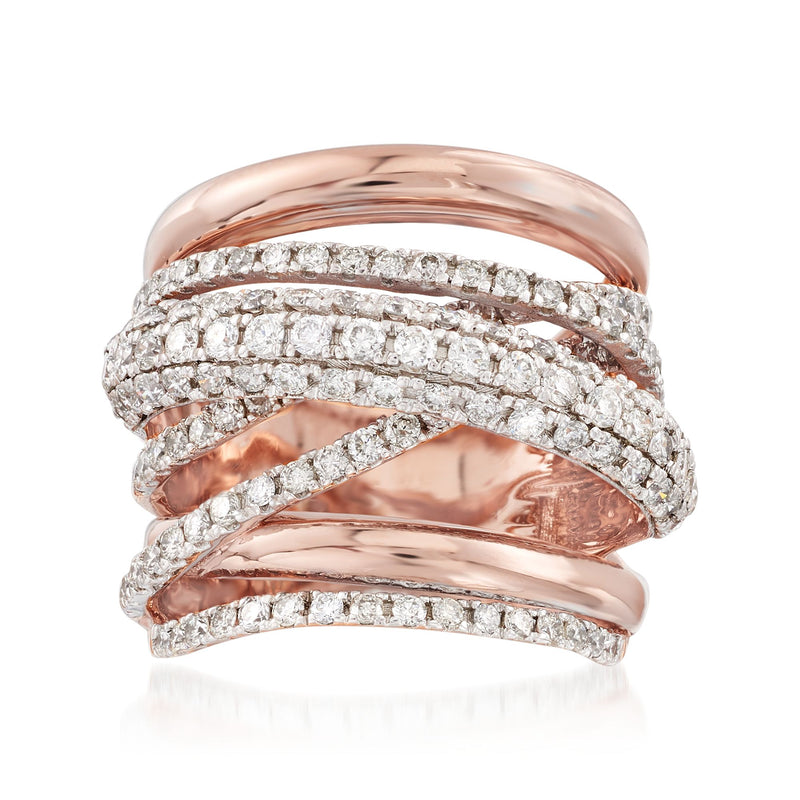 Rose gold diamond multi-row highway ring with pave diamond bands