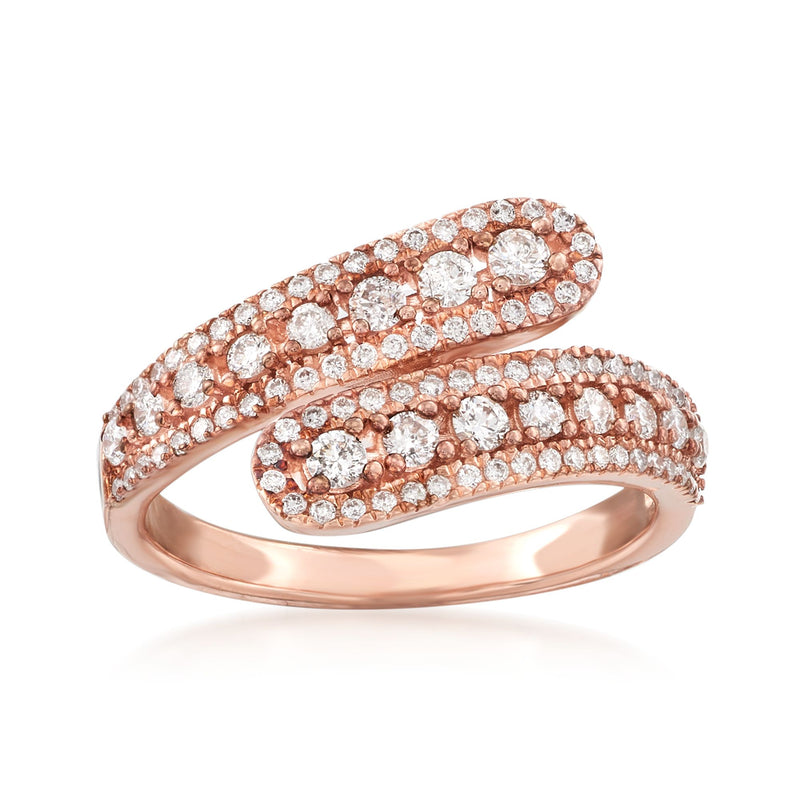 14kt rose gold diamond bypass ring with round pavé diamonds