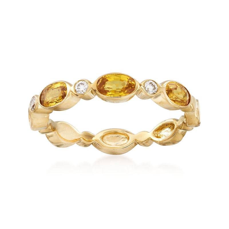 14kt yellow gold oval yellow sapphire ring with diamond accents, scalloped bezel