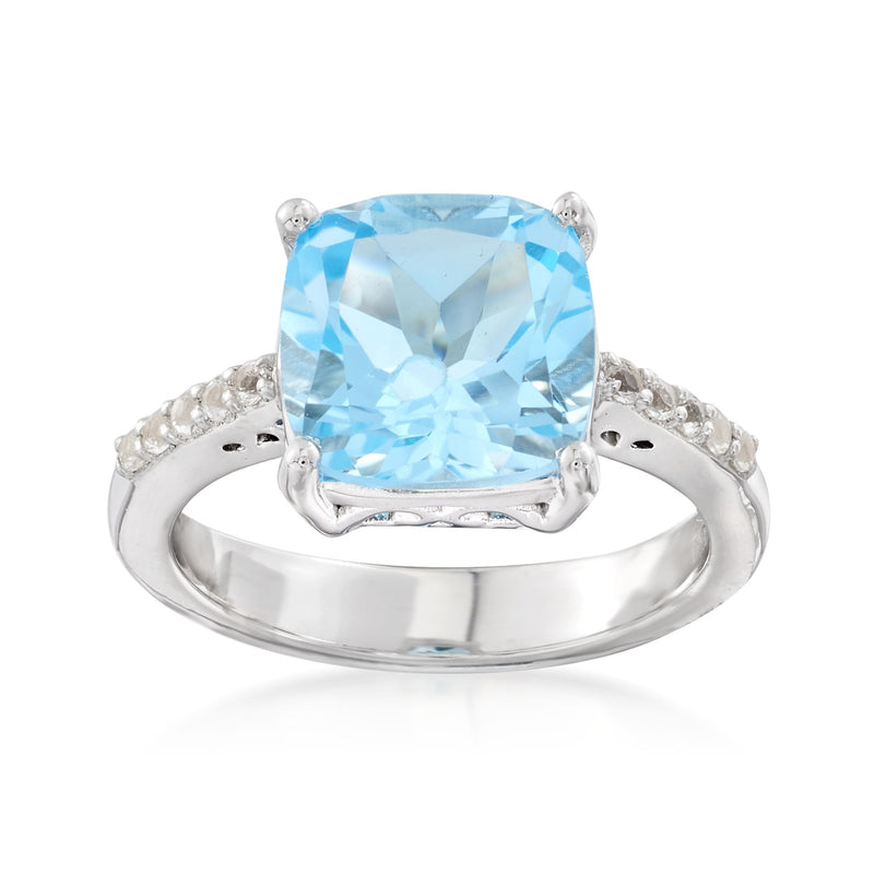 Sterling silver ring with large square sky blue topaz and diamond accents