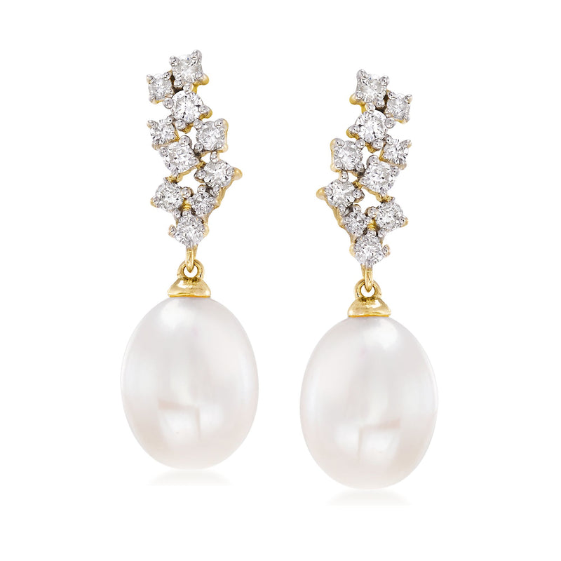14k yellow gold pearl drop earrings with diamond clusters and round white cultured pearls