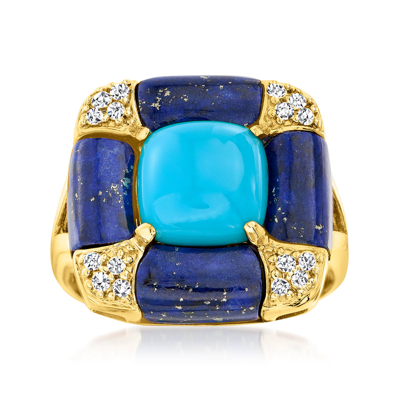 14kt yellow gold ring with turquoise center, lapis side stones, diamond accents