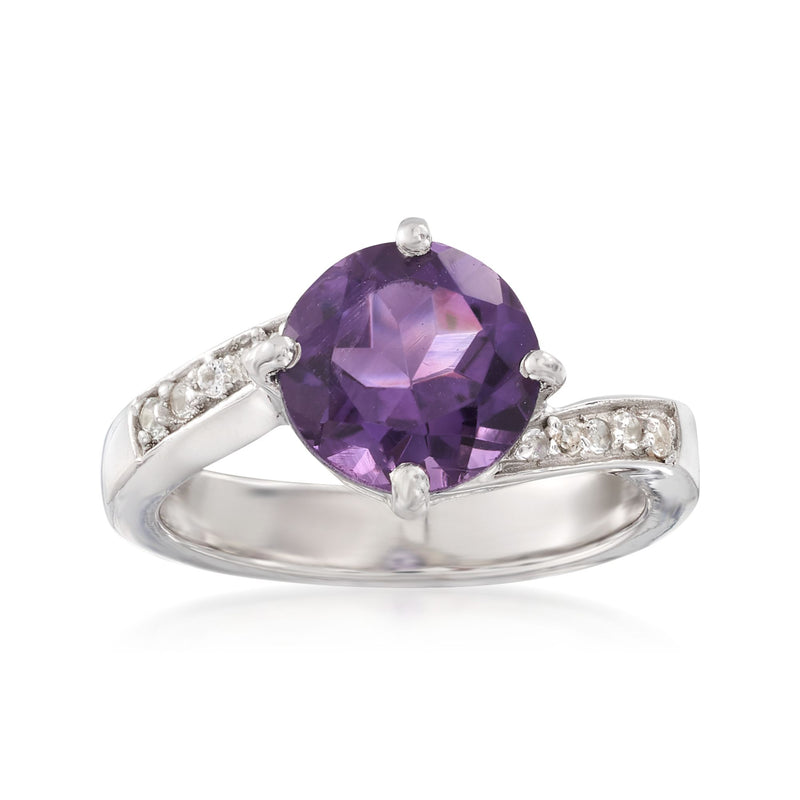 Sterling silver amethyst ring with oval purple gemstone and white topaz accents