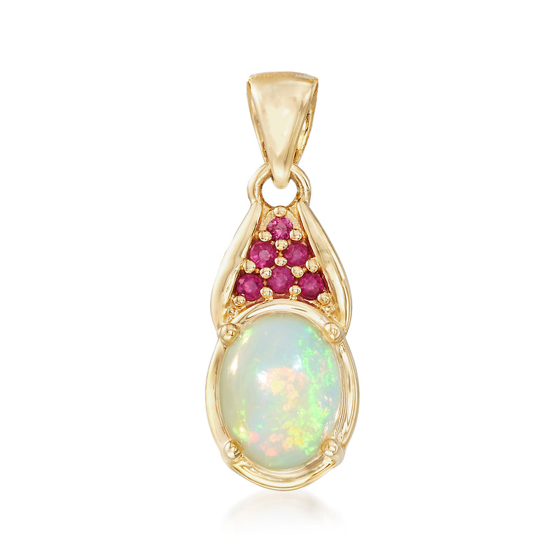 14kt yellow gold teardrop pendant with opal cabochon and pink sapphire cluster