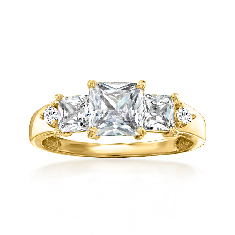 14kt yellow gold CZ ring with princess-cut center and round side stones