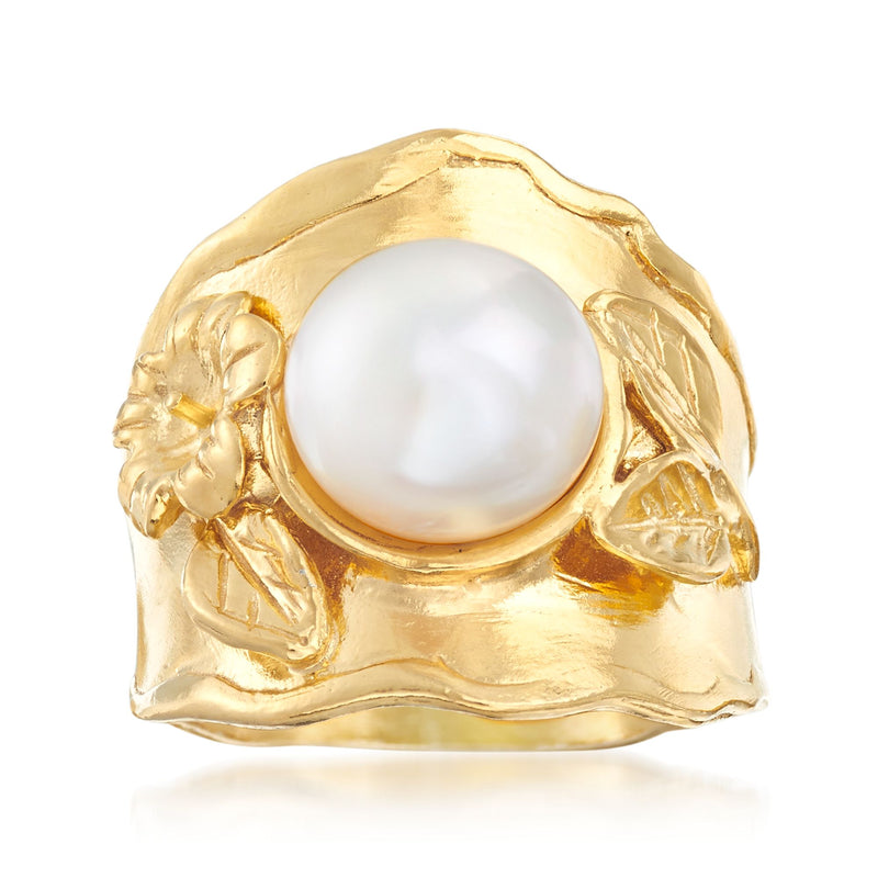 Gold floral ring with round cultured pearl, 18kt gold over sterling